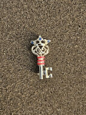 Brooch Crown Key Charm with Blue Stones and Red Accents